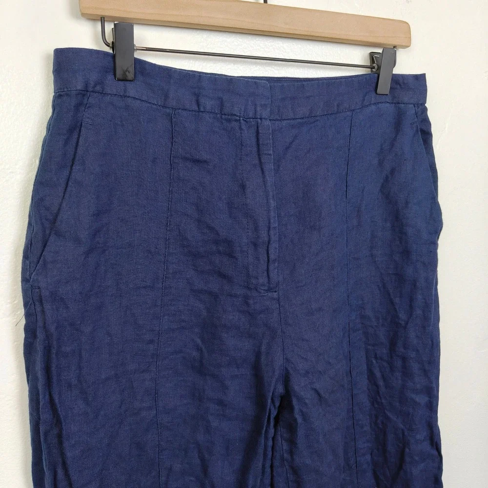 Zara Womens Pants Large Navy Blue 100% Linen Straight Leg High Rise Seam Detail